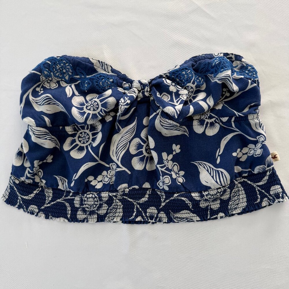Hollister‎ Blue White Floral Print Embroidered Crop Top Bandeau Size S